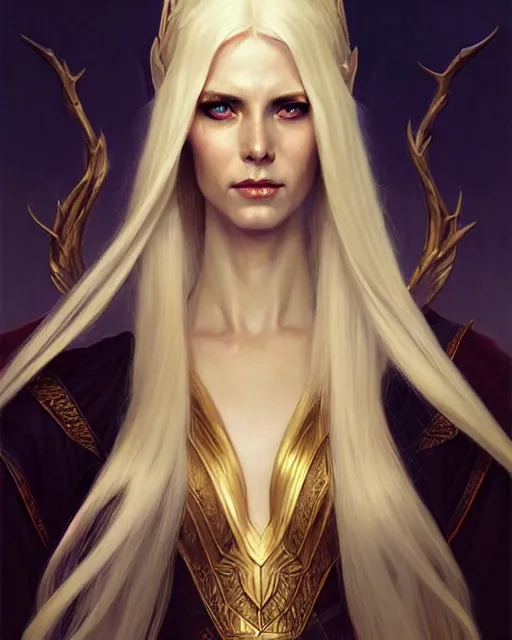 Image similar to tall slender elven queen on the throne, long white hair, pale skin, golden eyes | | realistic shaded, fine details, fine - face, realistic shaded lighting poster by greg rutkowski, magali villeneuve, artgerm, jeremy lipkin, michael garmash, rob rey