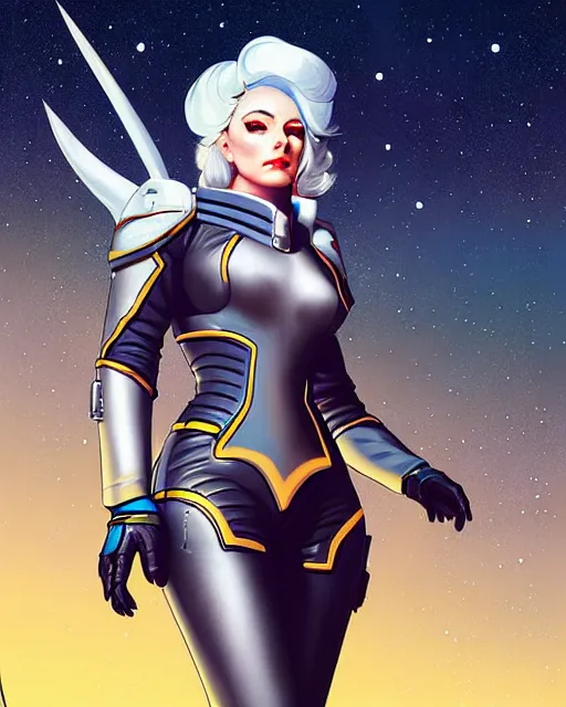 Image similar to ashe from overwatch, white hair, space cowgirl, character portrait, portrait, close up, concept art, intricate details, highly detailed, vintage sci - fi poster, retro future, in the style of chris foss, rodger dean, moebius, michael whelan, and gustave dore