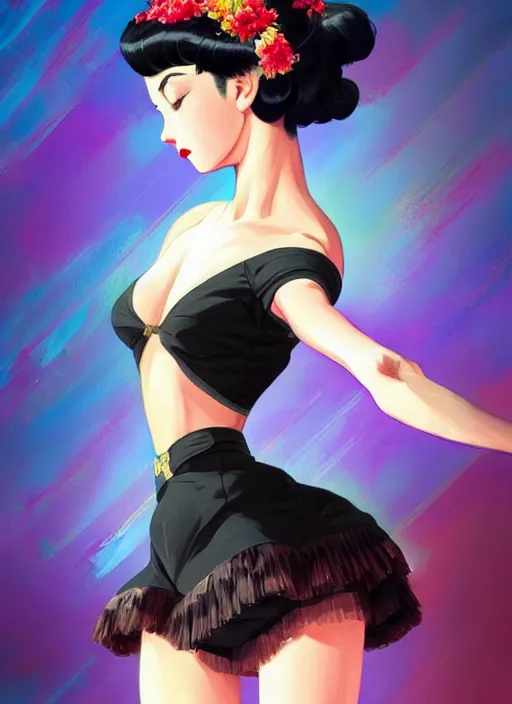 Image similar to a beautiful dancer with black hair in 1940's fashion, ballroom background, intricate, highly detailed, digital painting, artstation, official media, anime key visual, concept art, rich vivid colors, ambient lighting, sharp focus, illustration, art by Artgerm, Makoto Shinkai, Ilya Kuvshinov, Lois Van Baarle, and Rossdraws