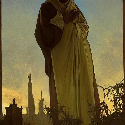 Image similar to A frightened young, thin and stern catholic priest in his thirties fervently praying as he is about to die from the ominous terrifying Lovecraftian yellow shadow descending upon him from the night sky. He is at the top of a medieval tower. Low angle, dramatic lighting. Art by Greg Rutkowski and Alphonse Mucha but as a photograph