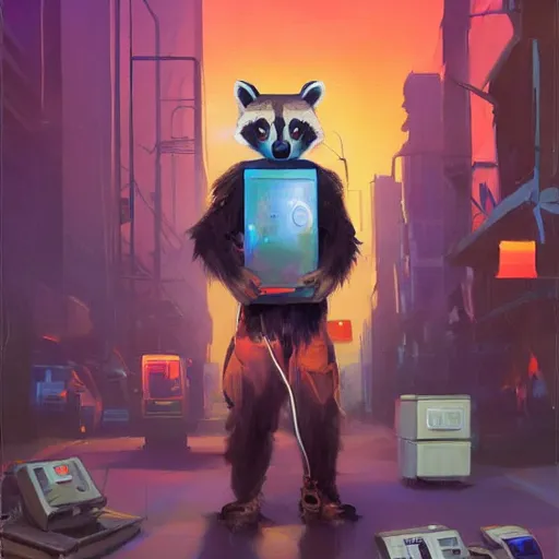 Image similar to greg manchess painting of a trash panda character, holding a box of cables and standing next to old electronic equiptment, medium shot, asymmetrical, profile picture, organic painting, night time, dark, neon lights, matte painting, bold shapes, hard edges, street art, trending on artstation, by huang guangjian and gil elvgren and sachin teng