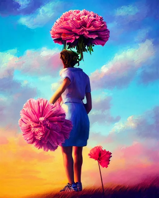 Image similar to girl with a giant carnation as face, surreal photography, flower field, sunset dramatic light, impressionist painting, colorful clouds, blue sky, digital painting, artstation, simon stalenhag
