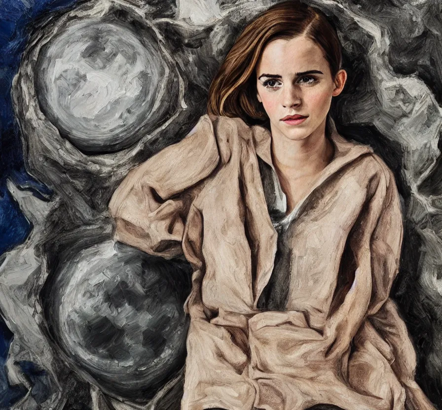 Image similar to high quality high detail painting by lucian freud, hd, portrait of emma watson on the moon