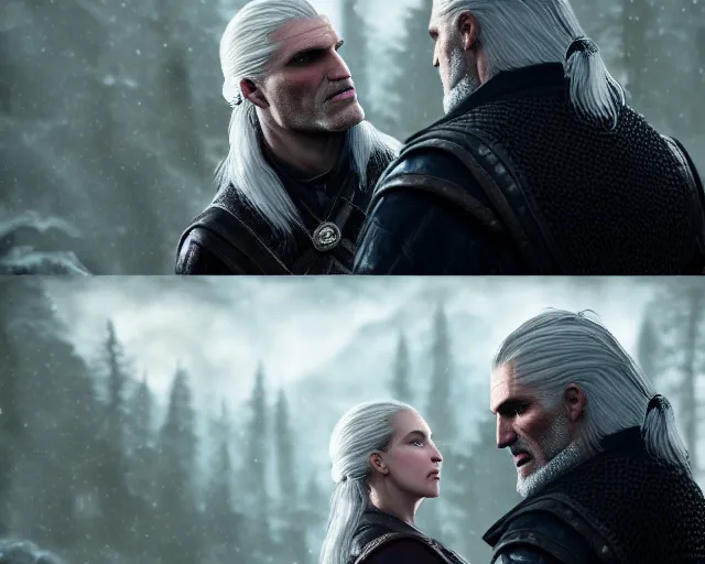 Prompt: 5 5 mm portrait photo of geralt arguing with yennefer. magical atmosphere. art by greg rutkowski. highly detailed 8 k. intricate. lifelike. soft light. nikon d 8 5 0.