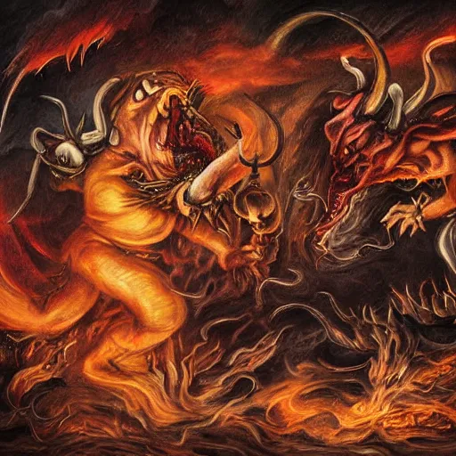 Image similar to realistc detailed painting two demons fighting each other in hell, dark style