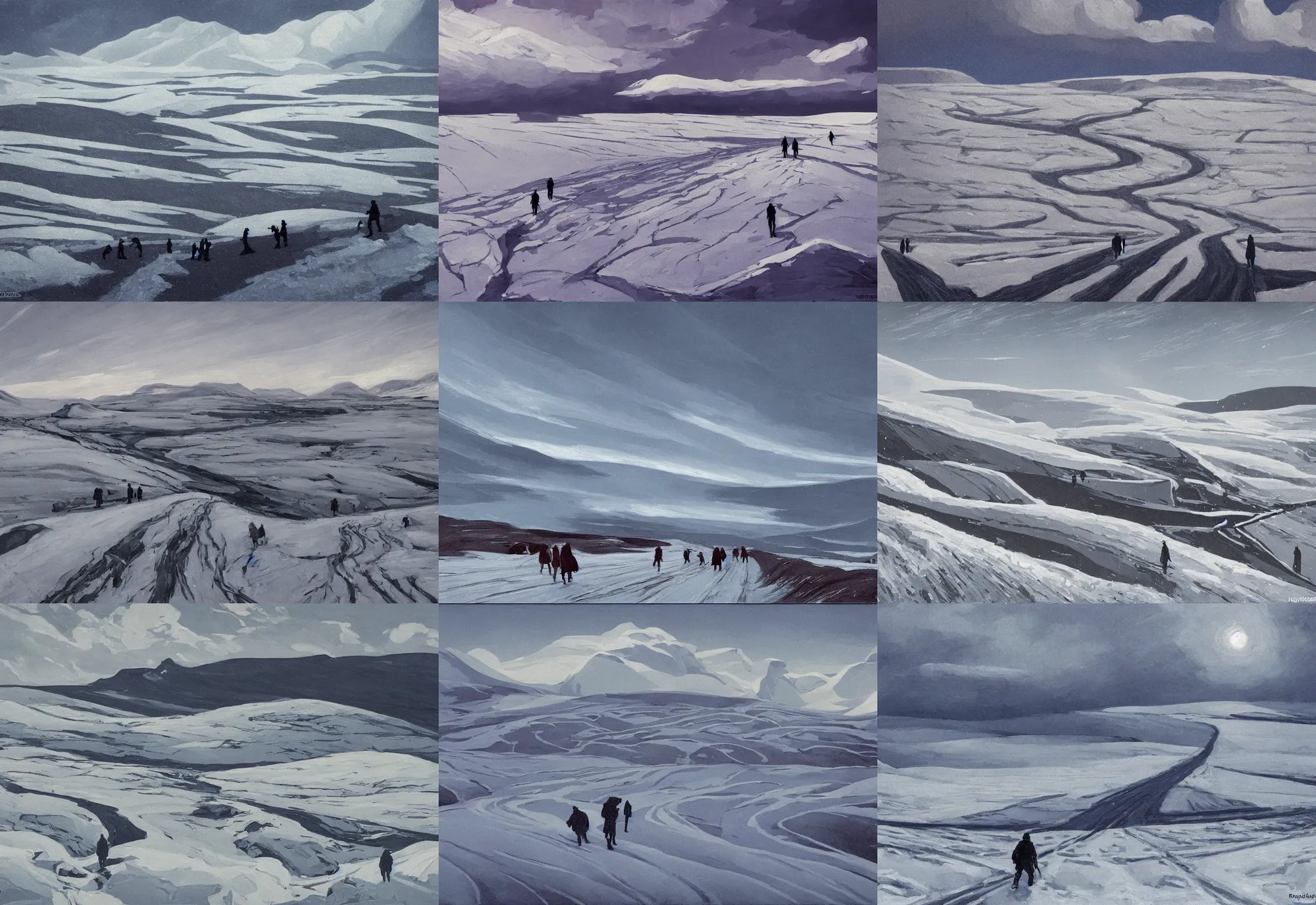 Prompt: travelers have hard track through snowy and iced fields, epic composition, cold, winter landscape, faroe island, cost, clouds, shot from danis villeneuve movie, roger deakins filming, nightfall, soviet artists, painting in the style of Alfred Joseph Casson, in the style of Phil Buytendorp and karezoid artist