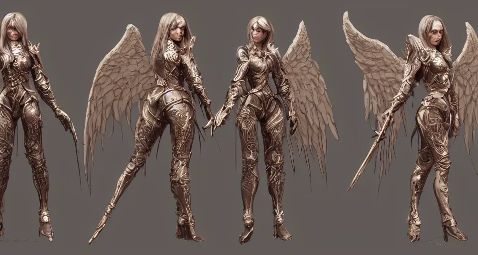 Image similar to Character concept sheet of an Angel knight gothic girl, hyperdetailed, artstation, cgsociety, golden hour 8k