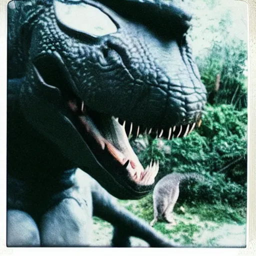 Image similar to polaroid photo of a t - rex 🦖 taking a polaroid photo of a cat