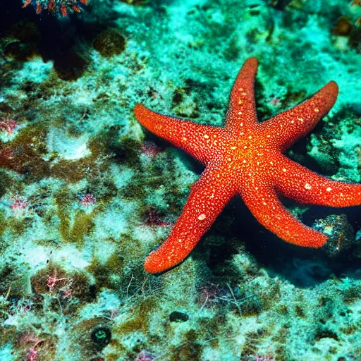 Prompt: fromia milleporella, common name red starfish or black spotted starfish, is a species of starfish
