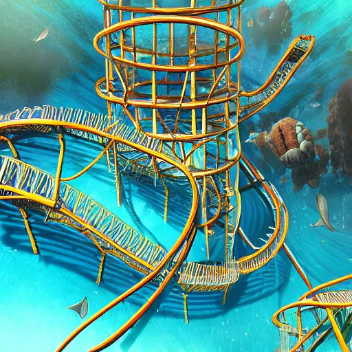 Image similar to underwater roller coaster, photorealistic, detailed