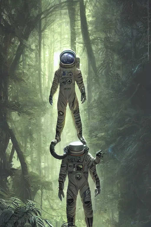 Image similar to a handsome male sci-fi astronaut exploring a magical rain forest, D&D, fantasy, intricate, cinematic lighting, highly detailed, digital painting, artstation, concept art, smooth, sharp focus, illustration, art by Terry Moore and Greg Rutkowski and Alphonse Mucha