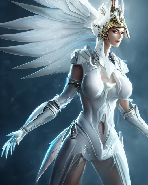 Prompt: perfect white haired attractive egyptian goddess with huge white dove wings, warframe armor, beautiful, symmetric, dreamy, half asian, pretty face, blue eyes, detailed, scifi platform, laboratory, experiment, 4 k, ultra realistic, epic lighting, android body, illuminated, cinematic, masterpiece, art by akihito tsukushi, voidstar