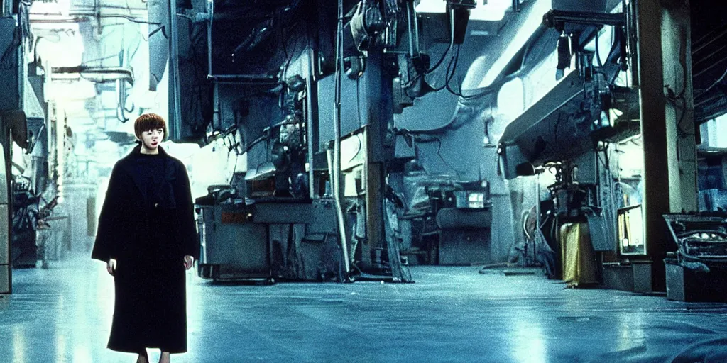 Image similar to at night, a white teenage girl with a pixie haircut in an oversized man's coat hides in the factory district : a still from a scifi dystopian cyberpunk film from 1 9 8 0 s. by steven spielberg, robert zemeckis, francis ford coppola, and james cameron. shot on 3 5 mm film stock.