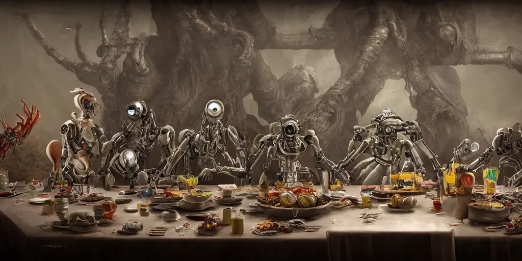 Image similar to last supper realistic robot , A Monster Emerges - inspired by 'The Beholder' Concept by Marcus Whinney trending on artstation