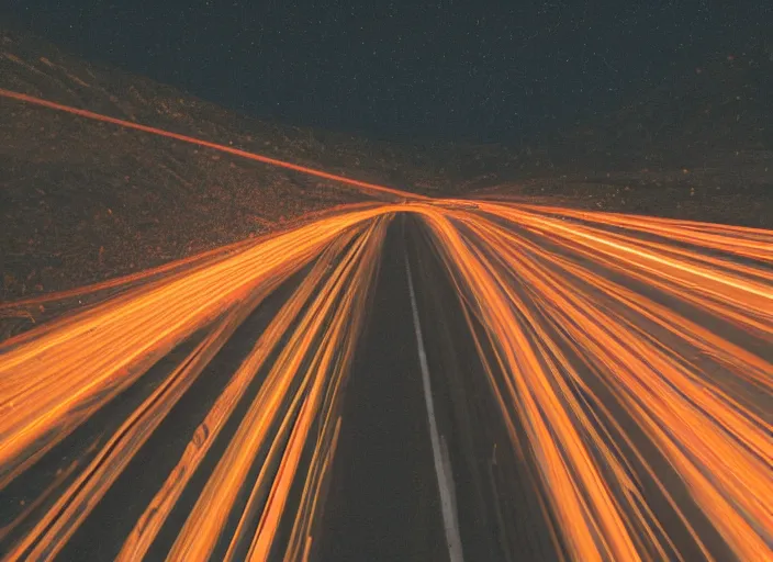 Image similar to a 2 8 mm macro photo of trailing streaked car lights on a winding mountain highway, long exposure at night, splash art, movie still, bokeh, canon 5 0 mm, cinematic lighting, dramatic, film, photography, golden hour, depth of field, award - winning, anamorphic lens flare, 8 k, hyper detailed, 3 5 mm film grain, hazy