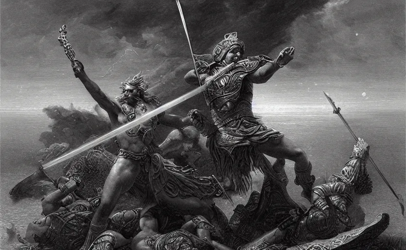 Image similar to highly detailed and cinematic romantic the great greek warrior with a spear piercing the edge of the universe from the book of the long sun by gene wolfe, highly detailed painting by gustave dore