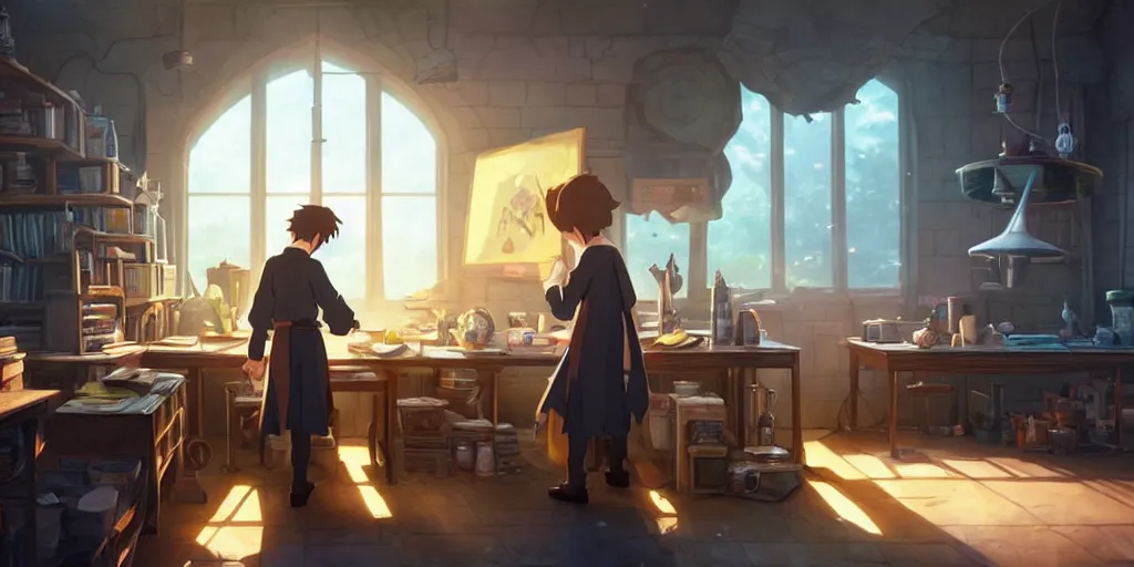 Image similar to a wizard with brown hair is standing at his desk working with jars of liquids, beakers of bubbling potions, coherent, medium shot, waist up, studio ghibli, pixar and disney animation, sharp, rendered in unreal engine 5, anime key art by greg rutkowski, bloom, dramatic lighting