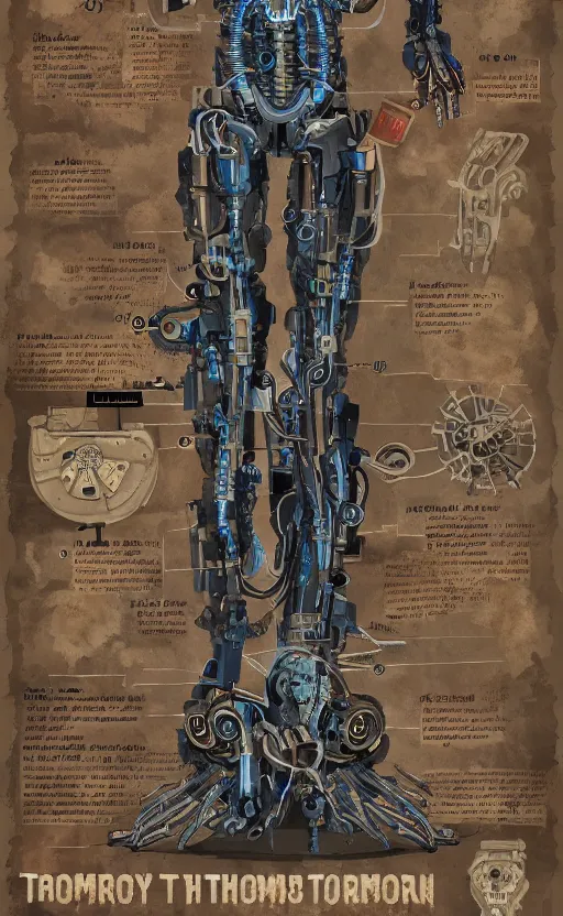 Image similar to anatomy of the terminator, robot, cyborg, t 1 0 0, steampunk, bloodborne diagrams, mystical, intricate ornamental tower floral flourishes, rule of thirds, technology meets fantasy, map, infographic, concept art, art station, style of wes anderson