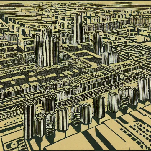 Prompt: woodblock print of drone footage of a futuristic metropolis