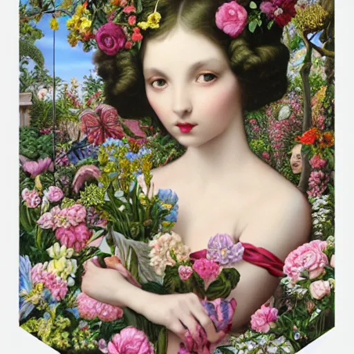 Prompt: a 3 d realistic image of a stunning women surrounded by lush flowers looking at the camera mark ryden, baroque, art nouveau, pop 3 d 8 k ultra detailed