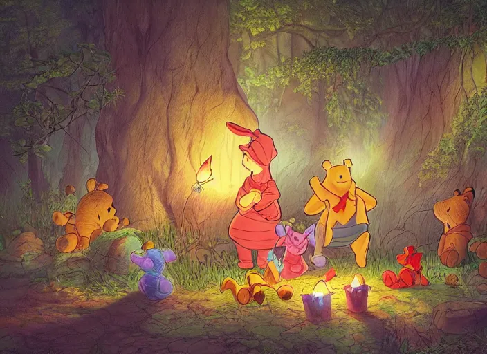 Image similar to concept art of a birthday party in the woods at night with winnie the pooh characters, paper lanterns and fairy lights, detailed, realistic, cel shaded, in the style of makoto shinkai and moebius and peter mohrbacher and james gurney