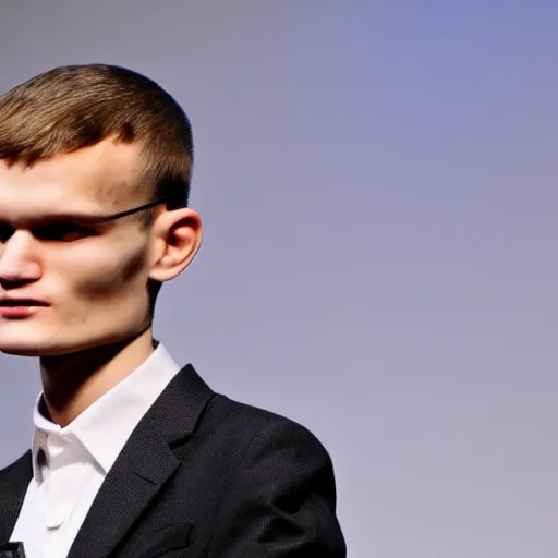 Prompt: gigachad vitalik buterin wearing a suit presenting at a conference