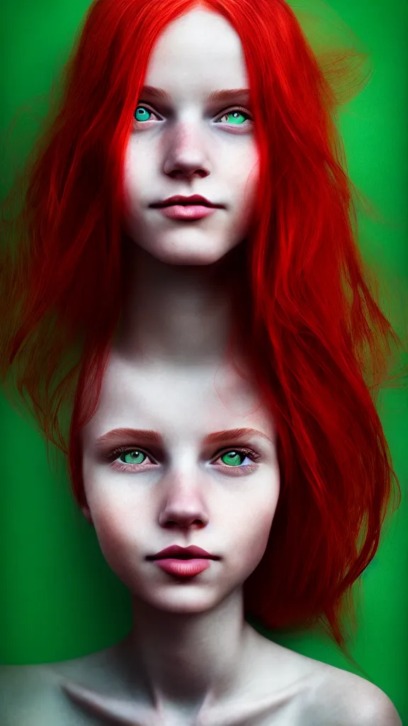 Image similar to a fantastic portrait photograph of a smiling girl with red hair and green eyes by Alessio Albi, symmetrical face, artstation, deviantart, hyperrealism