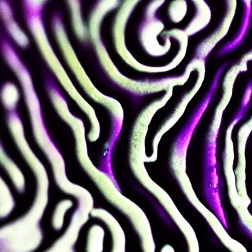 Prompt: a mushroom's gills from the bottom that is purple and grey with psychedelic patterns ; maximum realism ; maximum detailed close - up ; dramatic lighting