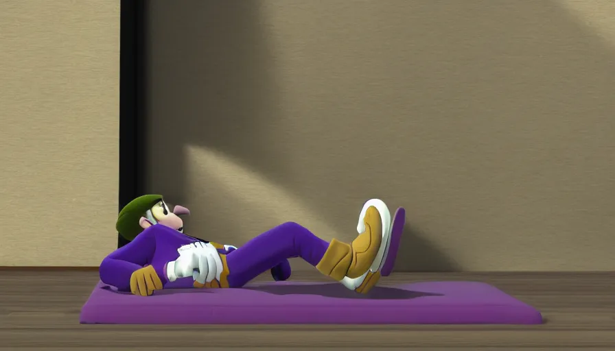 Image similar to still from a masterpiece moody A24 animation: Waluigi laying down while going to therapy