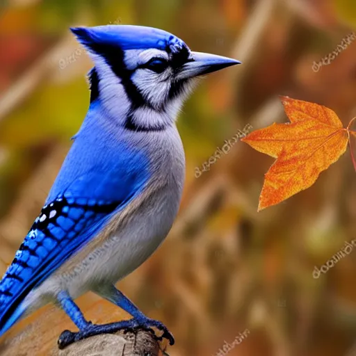 Image similar to bluejay standing next to a river in a forest in autumn