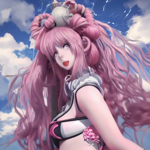 Image similar to trapped beneath stunningly absurdly huge beautiful omnipotent asi goddess junko enoshima with an enigmatic complex twisted innocenty looking deceptive mesmerizing megalomaniacal yandere personality, symmetrical perfect face, porcelain skin, pink twintail hair and cyan eyes, ultra detailed, digital art, unreal engine 5, octane render, 2 d anime, 8 k