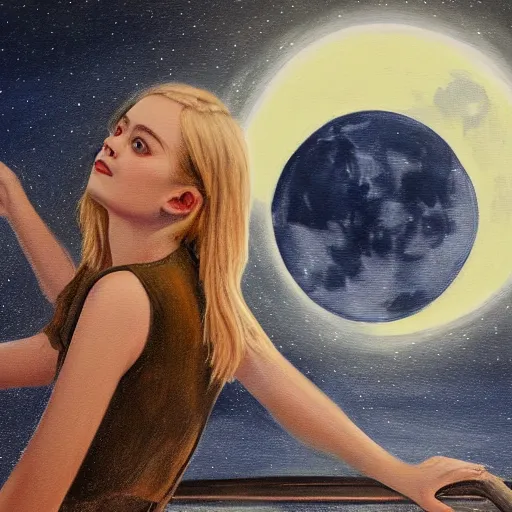 Prompt: Painting of Elle Fanning in front of the moon on a boat. Extremely detailed. 4K. Award winning.