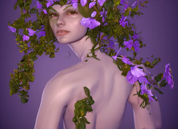 Image similar to Fantasy Alrune androgynous plant humanoid with flowers in hair plant body by Larry Elmore, symmetrical face concept art, octane render unreal engine meta humans, artstation