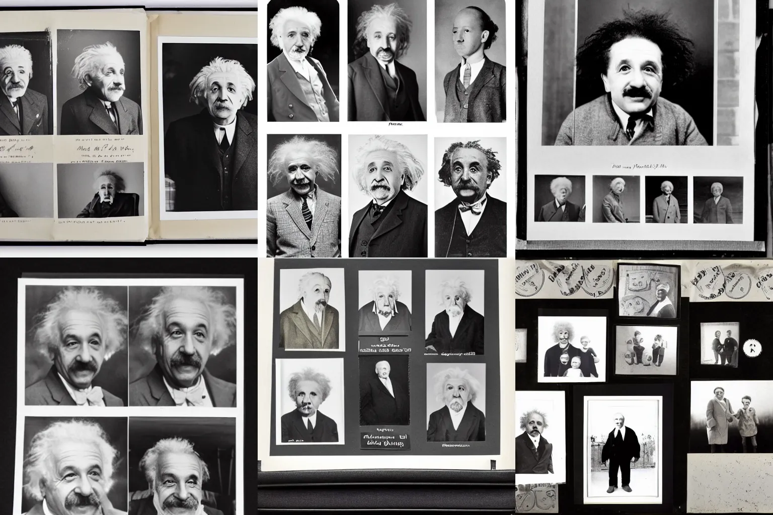 Prompt: Family photo album page of Einstein from baby to old man, black white photos