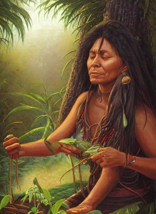 Image similar to a beautiful close up portrait of an indigenous woman preparing plant medicines in the jungle, highly detailed, art by christophe vacher