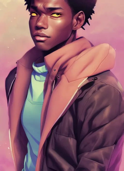 Image similar to handsome hip hop young black man, model pose, joyful, anime style, scenery wallpaper aesthetic, pastel colors, symmetrical face, cinematic, dramatic, super detailed and intricate, hyper realistic, 4 k render, by artgerm, by kyoung hwan kim, by ralph mcquarrie, by yoshiyuki tomino