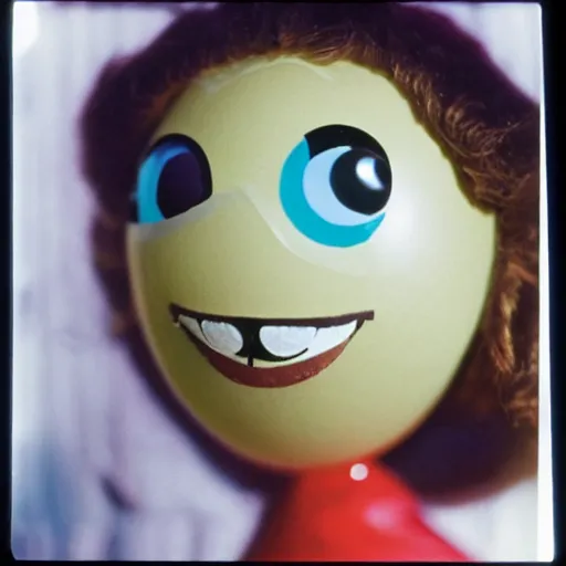 Prompt: smiling woman with an inflatable spherical prosthetic nose, cardboard googly eyes, 1 9 7 6, color, tarkovsky, medium - shot 1 6 mm film, in a garden