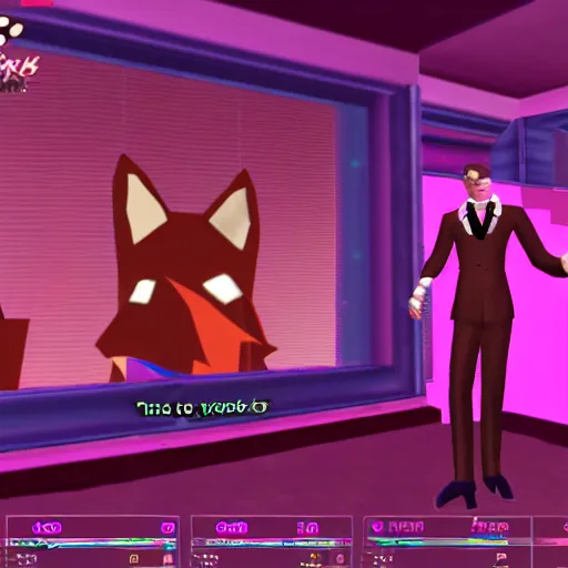 Image similar to Second Life screenshot of a fox in a sparkly pink tuxedo in a GYC night club