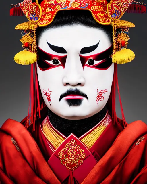 Image similar to photo of a Dramatic Peking Opera male character wearing elaborate makeup and full chinede opera costume in the style of stefan kostic, realistic, sharp focus, symmetric, 8k high definition, insanely detailed, intricate, elegant, art by stanley lau and artgerm, William-Adolphe Bouguereau