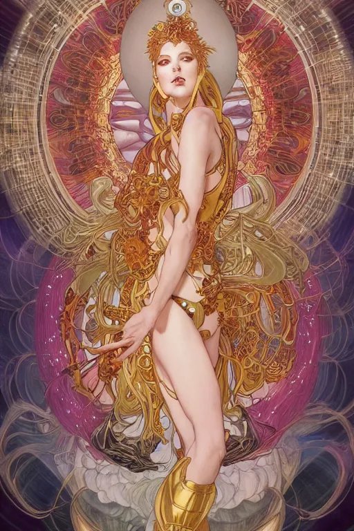 Image similar to the goddess of transcendence, by artgerm and yoshitaka amano and moebius and alphonse mucha, hyperdetailed, dc comics, ornate, nebula, explosions in the sky, trending on artstation