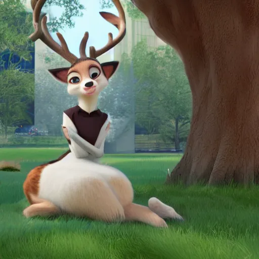 Image similar to portrait, 3 d render, tall slightly chubby anthropomorphic female deer, wearing along white dress, in the style of zootopia,