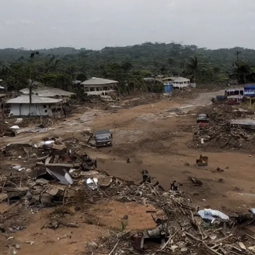 Prompt: wide angle associated press photo of a war zone in liberia