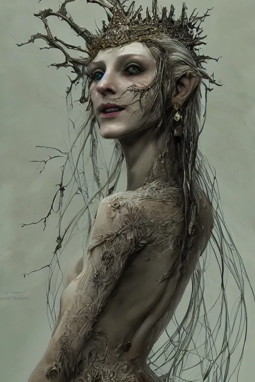 Prompt: beautiful stygian strange detailed an entire full-body victorian a blue eyed, blonde haired crowned queen of summer with light elvish overtones by Emil Melmoth, Zdzislaw Beksinski, Craig Mullins, yoji shinkawa ,cross, artstation, pete morbacher, hyper detailed, very detailed, artstation, rendering by octane, unreal engine, forest background.