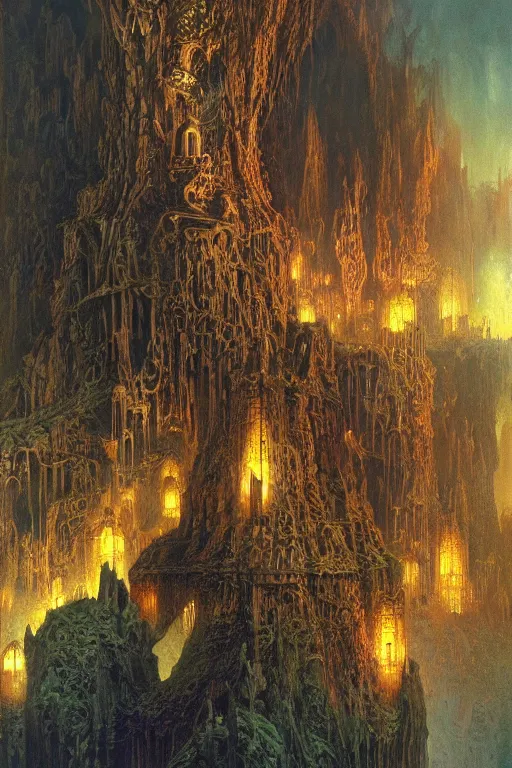 Prompt: the most amazing dream you ever had about a fantasy dungeon, hyper realistic, concept art, intricate, hyper detailed, smooth, ambient volumetric lighting, high contrast, vibrant, hd, octane, jim burns, roger dean, bruce pennington, moebius