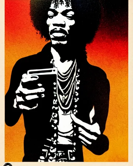 Image similar to grunge rock jimi hendrix taking a selfie with his iphone, instagram, tiktok, postmodern surrealist concert poster, grainy poster art, hand drawn matte painting by lynd ward and gary houston, smooth, sharp focus, extremely detailed, 2 4 mm.