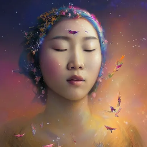 Prompt: a beautiful portrait of an Asian cloud goddess with numerous tiny birds flying in the background and closed eyes, galaxy theme colors, colorful, galaxy theme colors, galaxy theme colors, galaxy theme colors, galaxy theme colors, galaxy theme colors, ultra realistic digital art by Greg Rutkowski and Raymond Swanland, Trending on Artstation, ultra realistic digital art