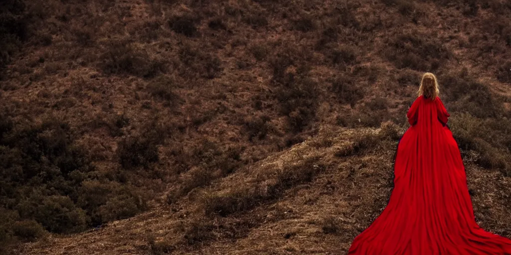 Prompt: film still of closeup a woman sitting on a throne in red long dress on the mountain of dead knights. by emmanuel lubezki