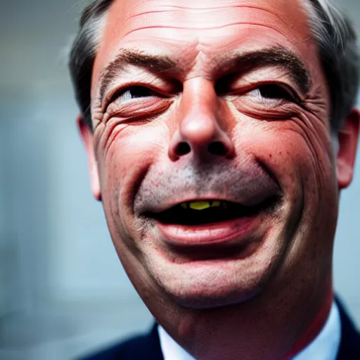 Prompt: A photo of Nigel Farage as a ventroquial fdummy, hinged jaw, wires, lacquered, glossy, cracked varnish, f 1.8, ISO 400