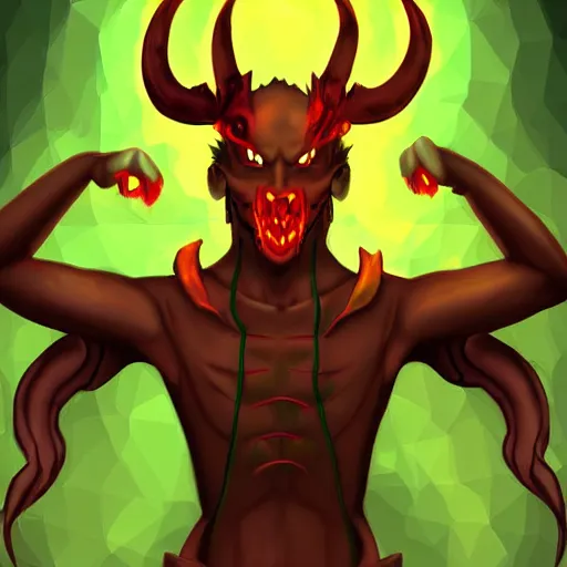 Prompt: a demon programmer gentleman ~ using a laptop ~ lava background ~ digital art ~ two horns ~