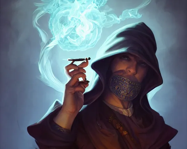 Image similar to cute young shadow mage male, smoking a pipe, shrouded face, deep focus, d & d, fantasy, intricate, elegant, highly detailed, digital painting, artstation, concept art, matte, sharp focus, illustration, hearthstone, art by artgerm and greg rutkowski and alphonse mucha